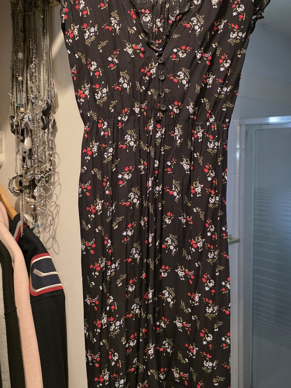 Suzy Shier Black Maxi Dress with Red and White Floral Print